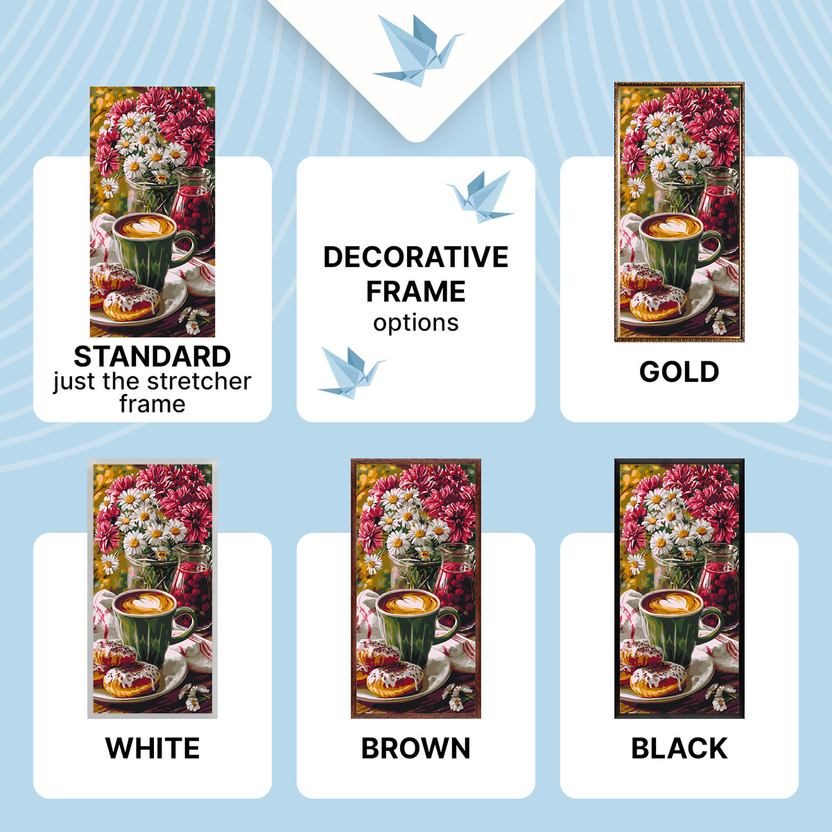 Malen nach Zahlen auf Keilrahmen 40×80 cm – Morgenkaffee mit Donut und Blumen – Blumen/Stillleben – LW 5243