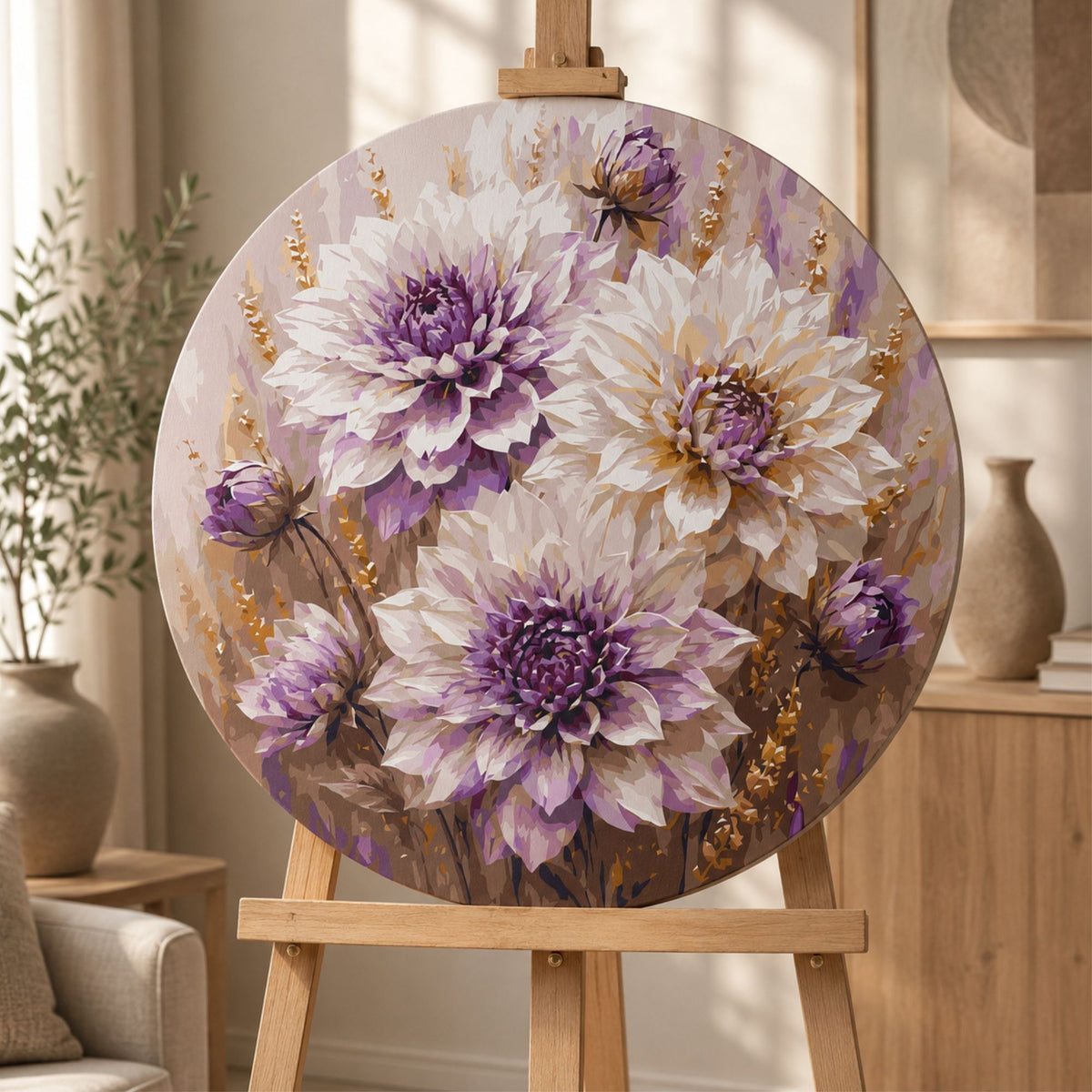 Rundes Malen nach Zahlen Ø45 cm Blumen. Lila Dahlien mit Metallic-Farben OR 2025