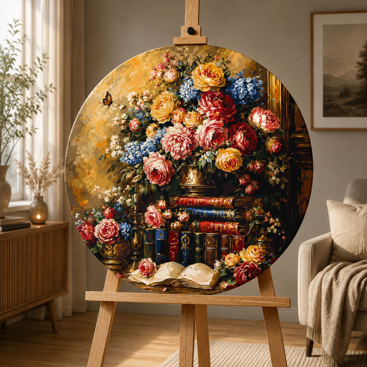 Rundes Malen nach Zahlen Ø45 cm – Blumen/Stillleben – Bibliothek mit Rosen – OR 2031