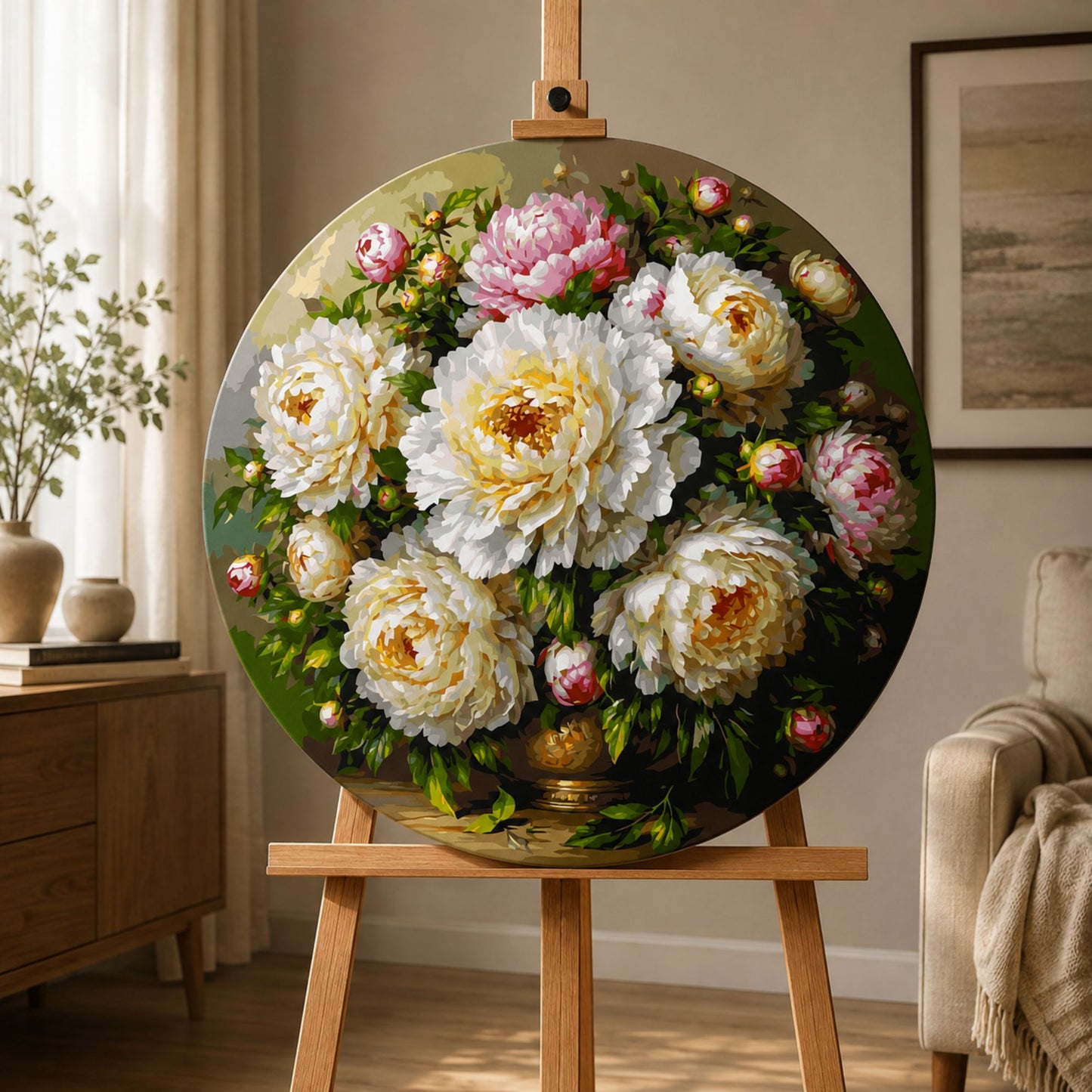 Rundes Malen nach Zahlen Ø45 cm – Blumen/Stillleben – Pfingstrosenstrauß in der Vase – OR 2032