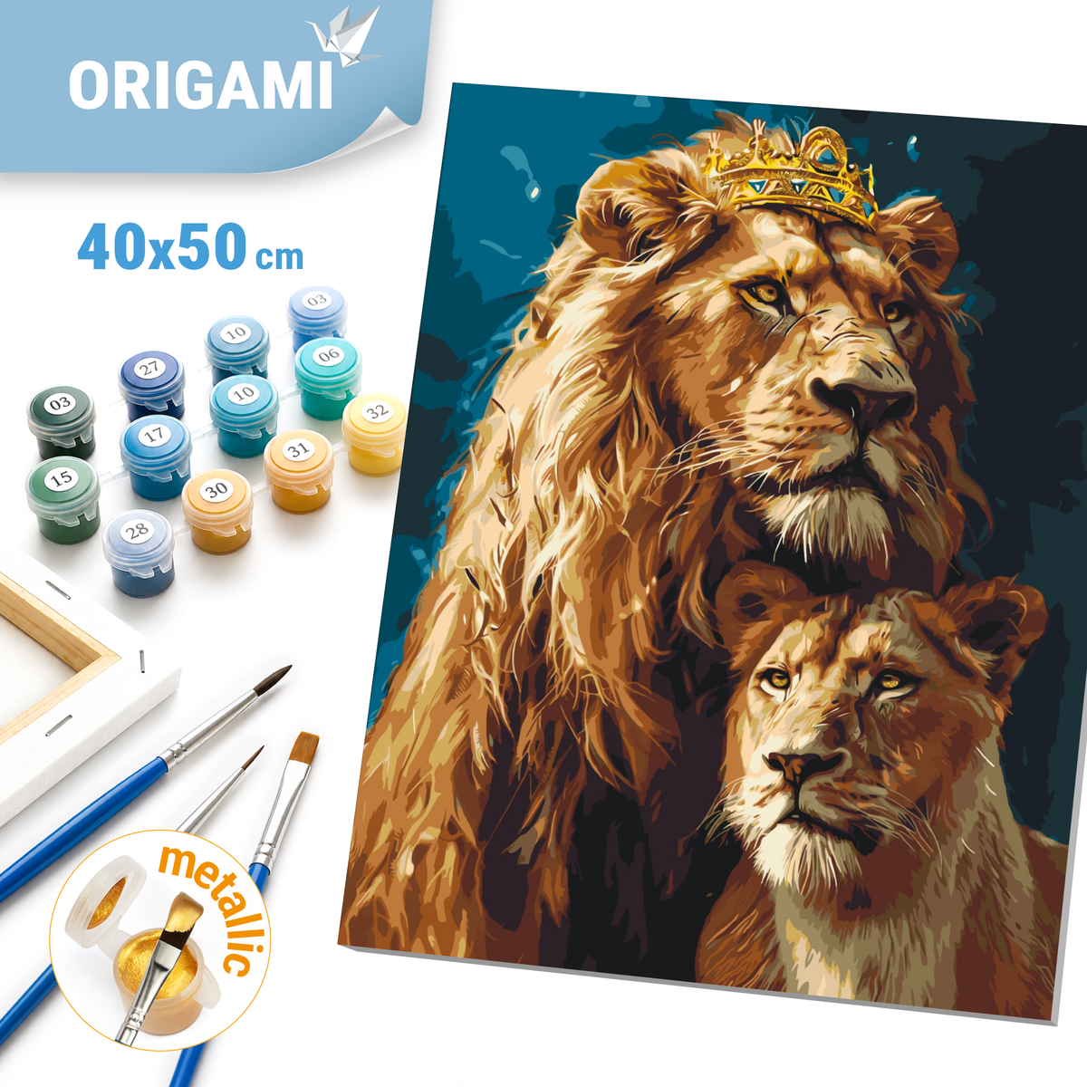 Malen nach Zahlen auf Keilrahmen 40×50 cm – Tiere. Löwe und Löwin mit Metallicfarben LW 0320