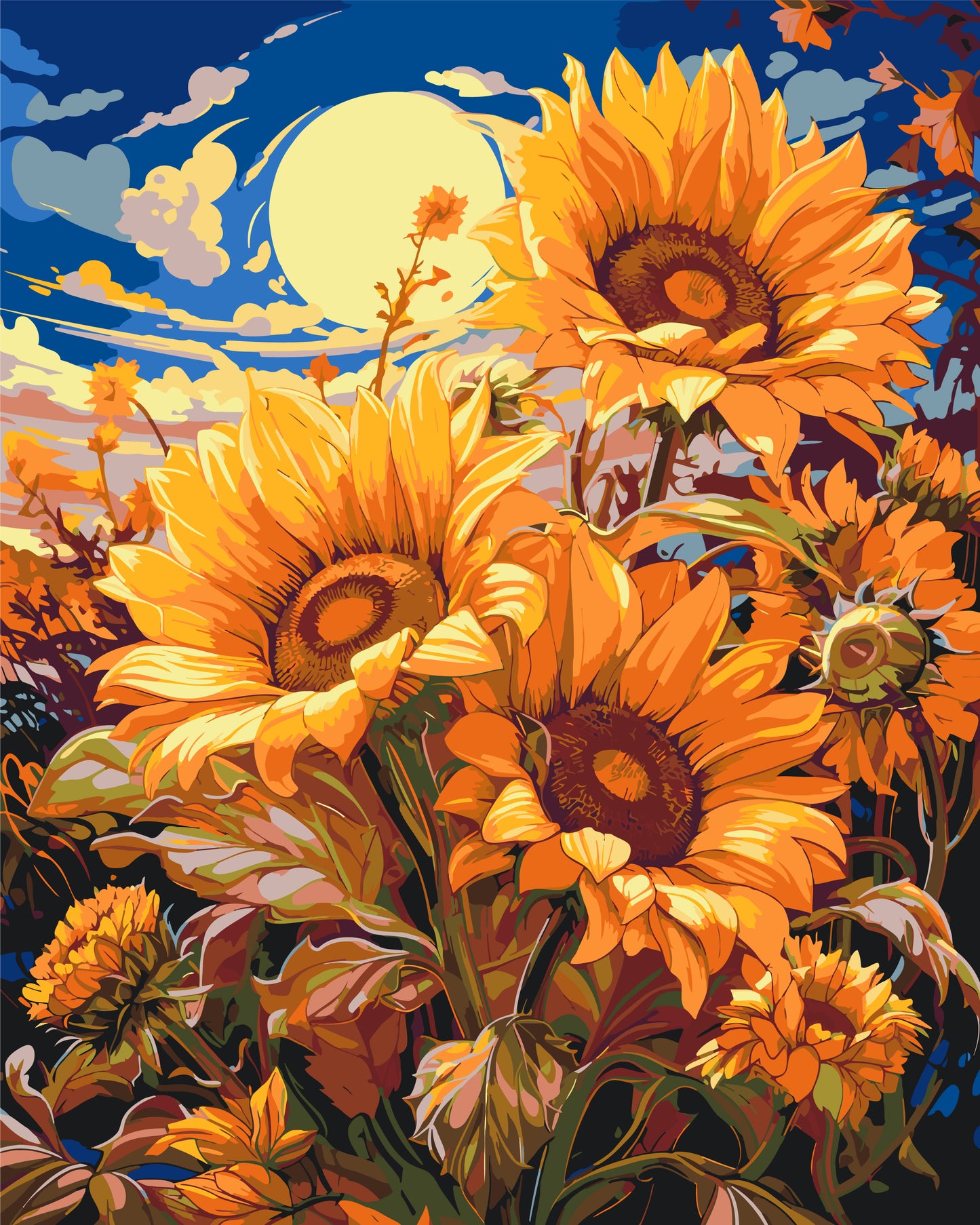 Malen nach Zahlen auf Keilrahmen 40×50 cm – Blumen. Sonnenblumen unter dem Mond LW 04070