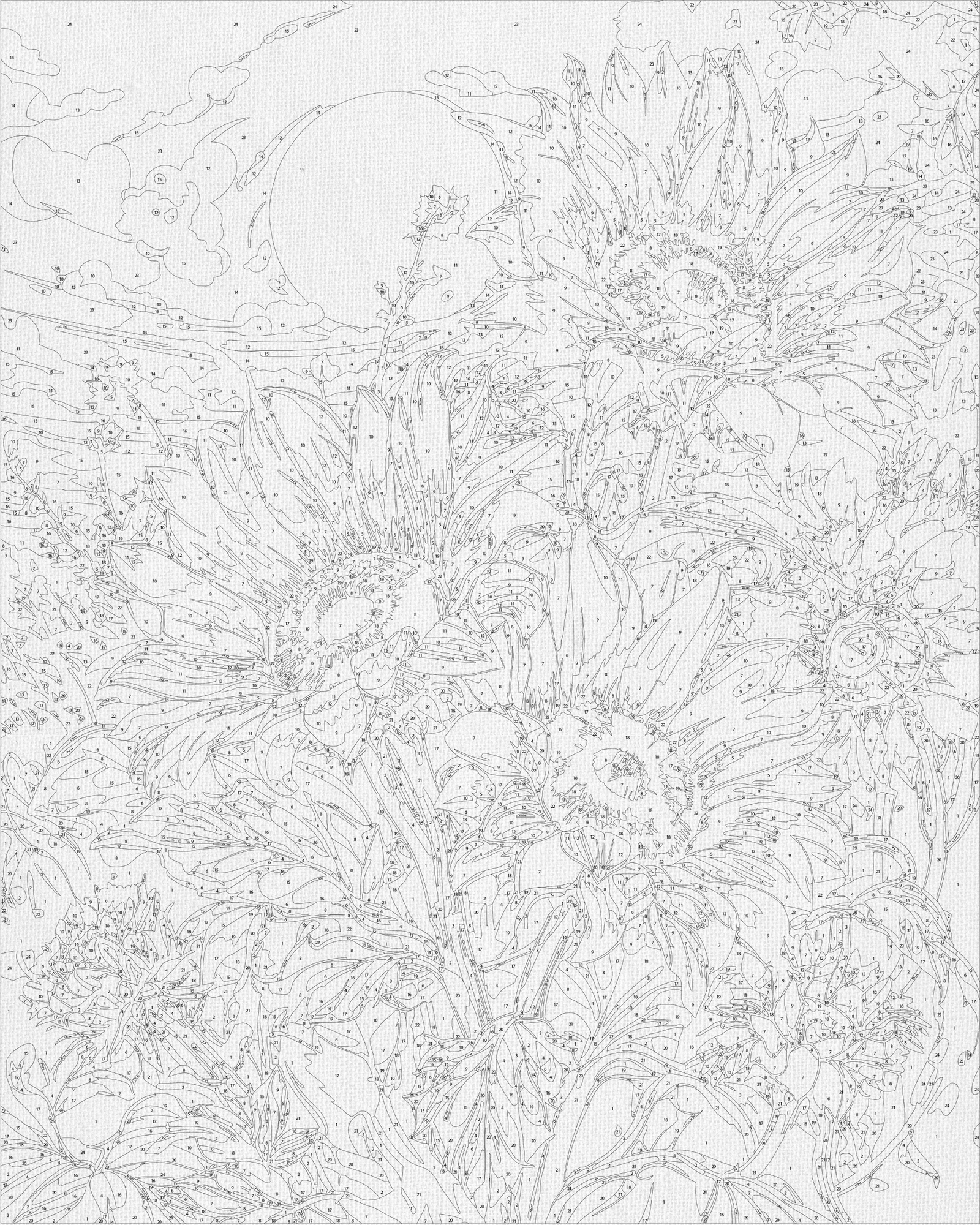 Malen nach Zahlen auf Keilrahmen 40×50 cm – Blumen. Sonnenblumen unter dem Mond LW 04070