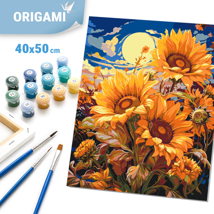 Malen nach Zahlen auf Keilrahmen 40×50 cm – Blumen. Sonnenblumen unter dem Mond LW 04070