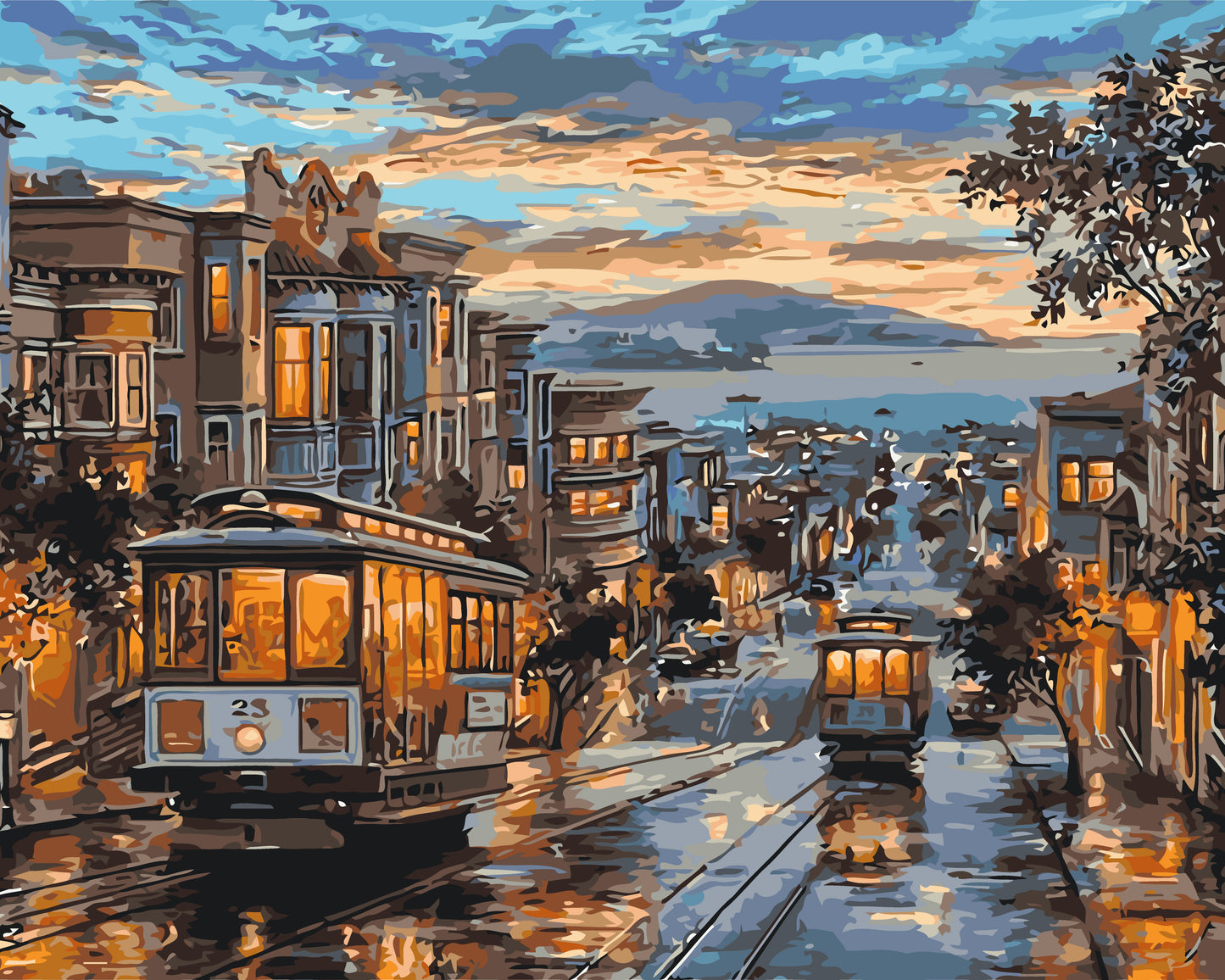 Malen nach Zahlen auf Keilrahmen 40×50 cm – Abendliche Straßenbahn LW 174