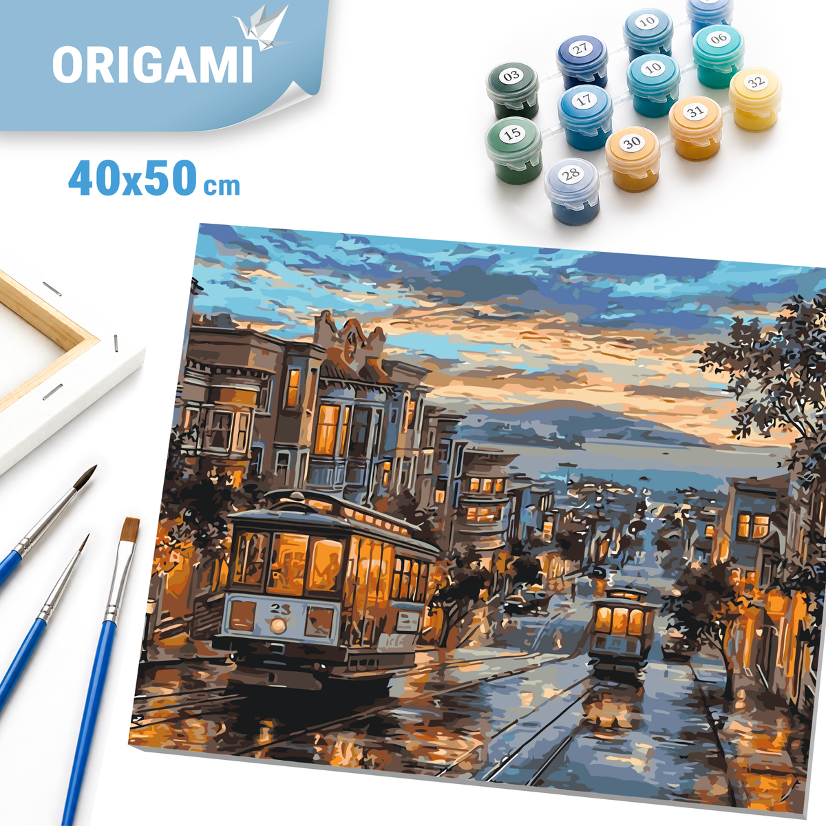 Malen nach Zahlen auf Keilrahmen 40×50 cm – Abendliche Straßenbahn LW 174