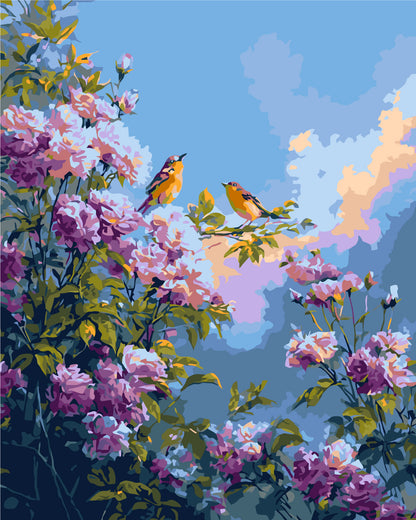 Malen nach Zahlen auf Keilrahmen 40×50 cm – Blumen. Vögel zwischen Pfingstrosen LW 2003-01