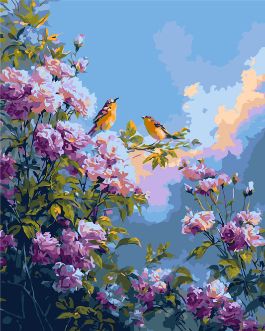 Malen nach Zahlen auf Keilrahmen 40×50 cm – Blumen. Vögel zwischen Pfingstrosen LW 2003-01