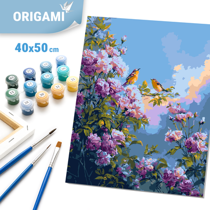 Malen nach Zahlen auf Keilrahmen 40×50 cm – Blumen. Vögel zwischen Pfingstrosen LW 2003-01