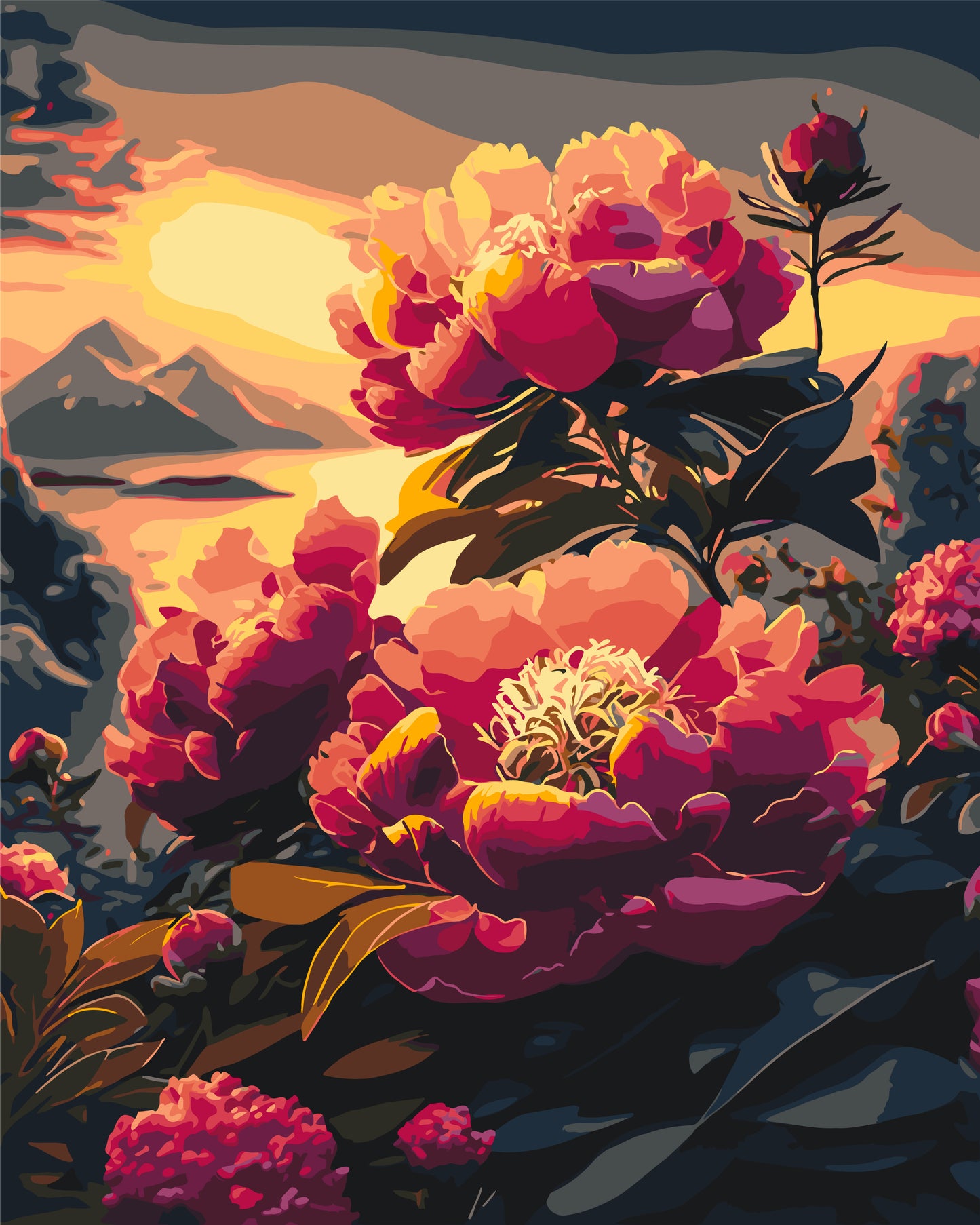 Malen nach Zahlen auf Keilrahmen 40×50 cm – Blumen - Pfingstrosen bei Sonnenuntergang LW 2004