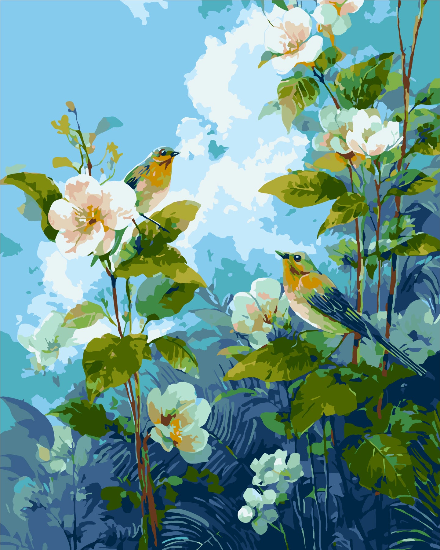 Malen nach Zahlen auf Keilrahmen 40×50 cm – Blumen. Vögel zwischen Frühlingsblumen LW 2007-01