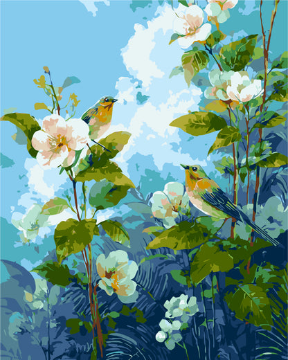 Malen nach Zahlen auf Keilrahmen 40×50 cm – Blumen. Vögel zwischen Frühlingsblumen LW 2007-01