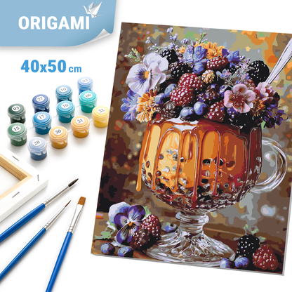 Malen nach Zahlen auf Keilrahmen 40×50 cm – Stillleben. Blumen-Beeren-Dessert LW 3003-01