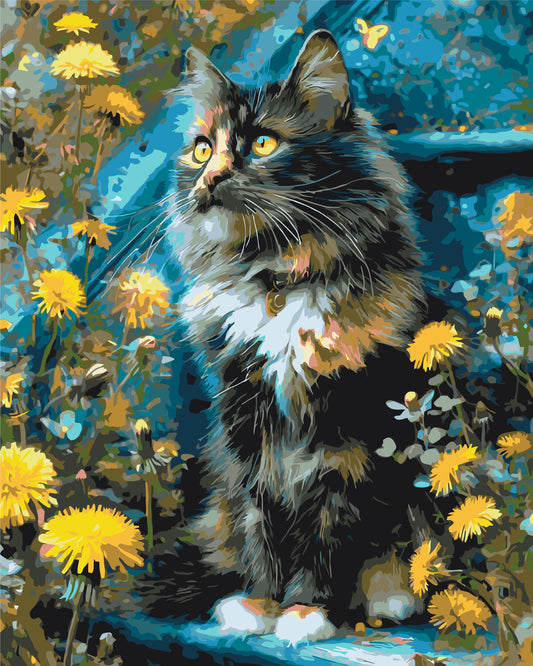 Malen nach Zahlen auf Keilrahmen 40×50 cm – Tiere. Kätzchen im Löwenzahn LW 3009-01