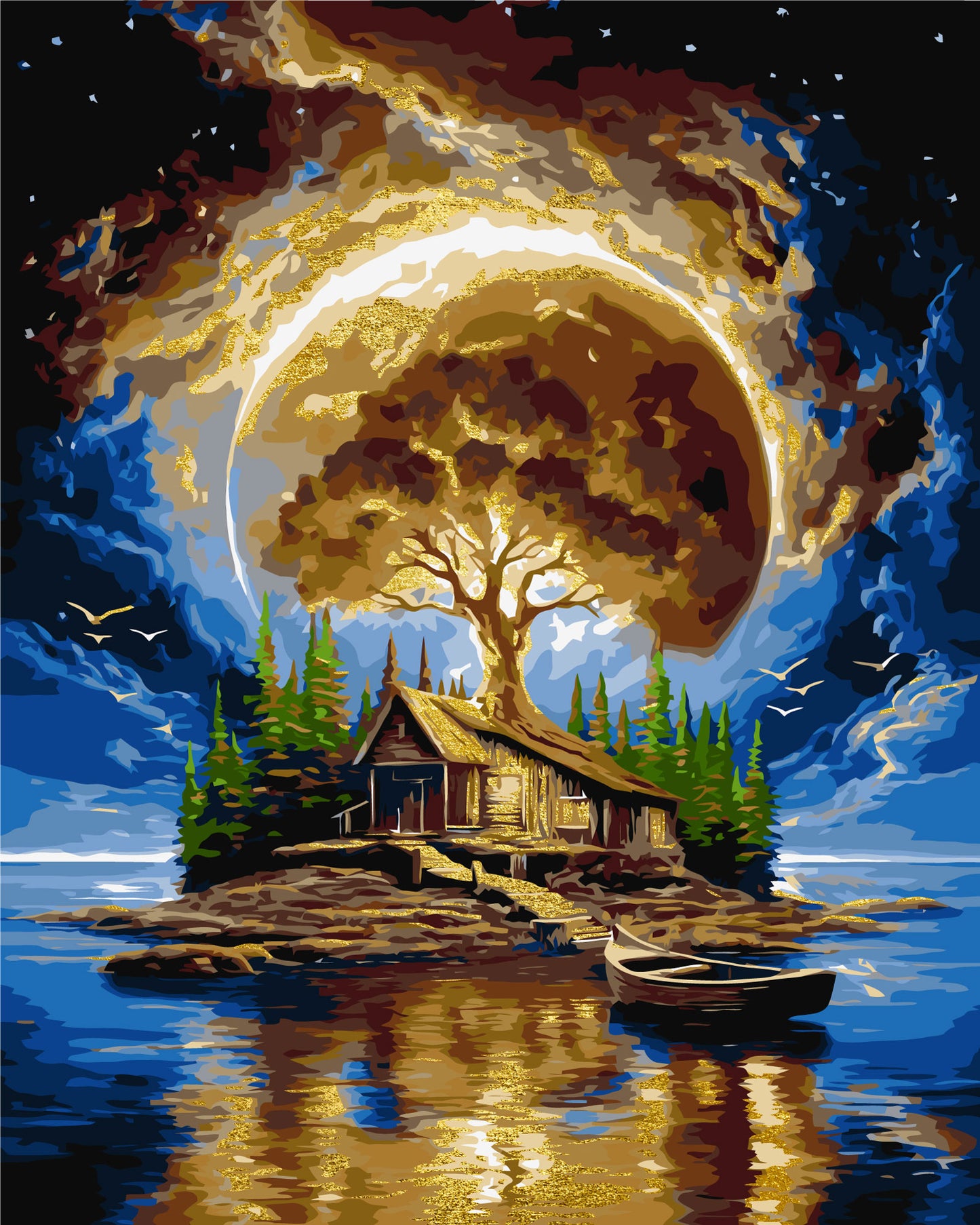 Malen nach Zahlen auf Keilrahmen 40×50 cm – Landschaft mit Metallicfarben. Insel der Stille LW 3014-01