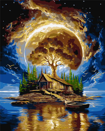 Malen nach Zahlen auf Keilrahmen 40×50 cm – Landschaft mit Metallicfarben. Insel der Stille LW 3014-01