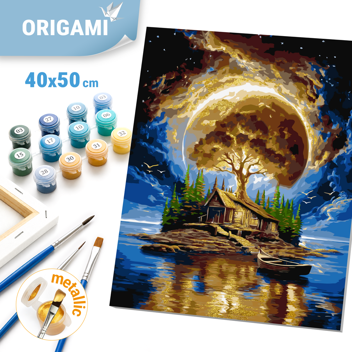 Malen nach Zahlen auf Keilrahmen 40×50 cm – Landschaft mit Metallicfarben. Insel der Stille LW 3014-01