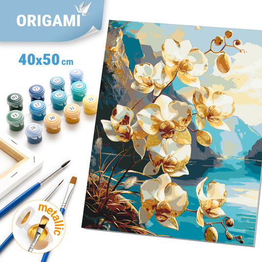 Maľovanie podľa čísel na ráme 40*50 cm - Orchidey s metalickými farbami - Kvety/Krajinka - LW 30311