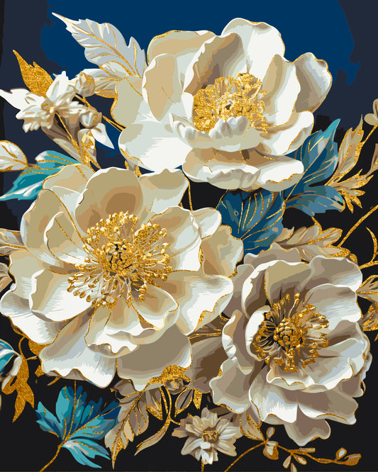Malen nach Zahlen auf Keilrahmen 40×50 cm – Blumen. Weiße Pfingstrosen mit Metallicfarben LW 30410