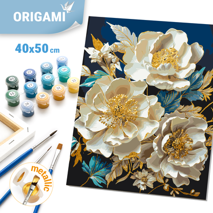Paint by Numbers on a 40*50 cm frame Flowers. White peonies with metallic gold colors LW 30410