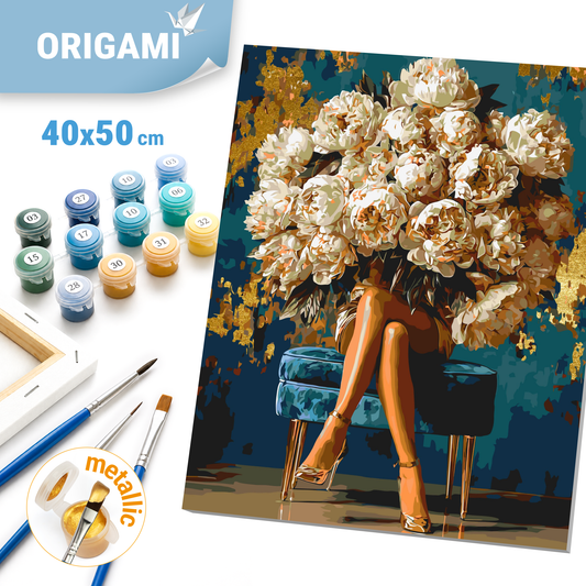 Malen nach Zahlen auf Keilrahmen 40×50 cm – Blumen - Mädchen mit Pfingstrosenstrauß mit Metallicfarben LW 3048-01