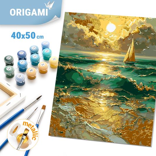 Paint by Numbers on a 40*50 cm frame Landscape - Sailboat at dawn with metallic colours LW 30610-01