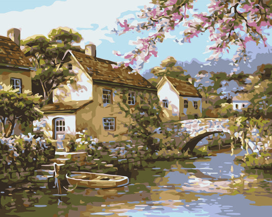 Malen nach Zahlen auf Keilrahmen 40×50 cm – Landschaft – Dorf am Fluss LW 3072
