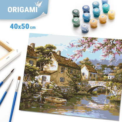 Malen nach Zahlen auf Keilrahmen 40×50 cm – Landschaft – Dorf am Fluss LW 3072