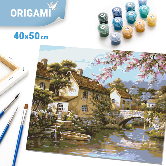 Malen nach Zahlen auf Keilrahmen 40×50 cm – Landschaft – Dorf am Fluss LW 3072