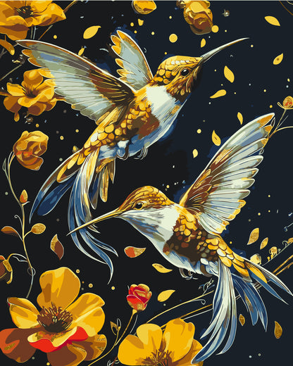 Malen nach Zahlen auf Keilrahmen 40×50 cm – Tanz der Vögel mit Metallicfarben LW 30759