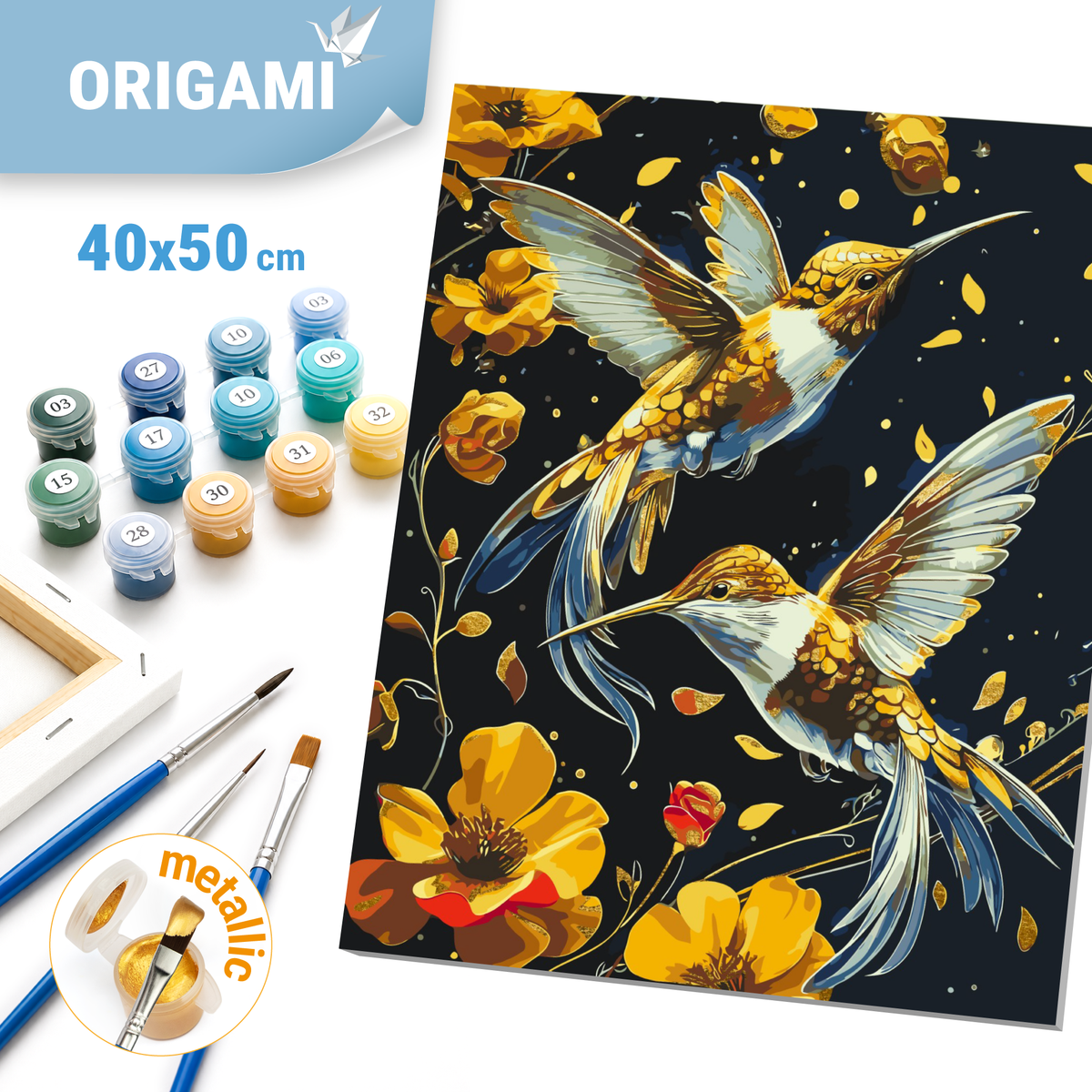 Malen nach Zahlen auf Keilrahmen 40×50 cm – Tanz der Vögel mit Metallicfarben LW 30759