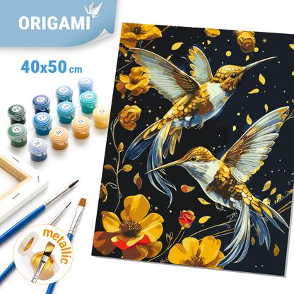 Malen nach Zahlen auf Keilrahmen 40×50 cm – Tanz der Vögel mit Metallicfarben LW 30759