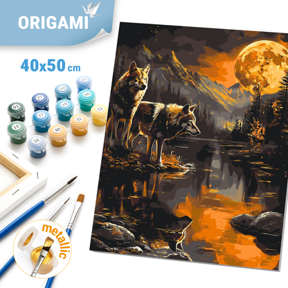 Malen nach Zahlen auf Keilrahmen 40×50 cm – Tiere. Wolfspaar in der Nacht mit Metallicfarben LW 30780