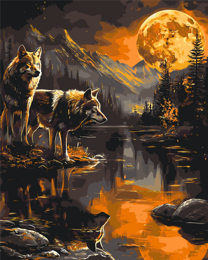 Malen nach Zahlen auf Keilrahmen 40×50 cm – Tiere. Wolfspaar in der Nacht mit Metallicfarben LW 30780