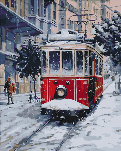 Malen nach Zahlen auf Keilrahmen 40×50 cm – Alte rote Straßenbahn – Landschaft – LW 3088