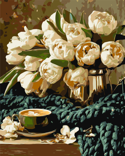 Malen nach Zahlen auf Keilrahmen 40×50 cm – Blumen/Stillleben. Blumen mit Kaffee LW 30980-01