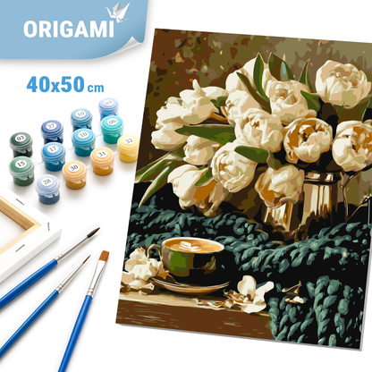 Malen nach Zahlen auf Keilrahmen 40×50 cm – Blumen/Stillleben. Blumen mit Kaffee LW 30980-01