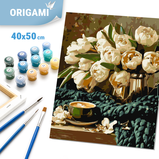 Malen nach Zahlen auf Keilrahmen 40×50 cm – Blumen/Stillleben. Blumen mit Kaffee LW 30980-01