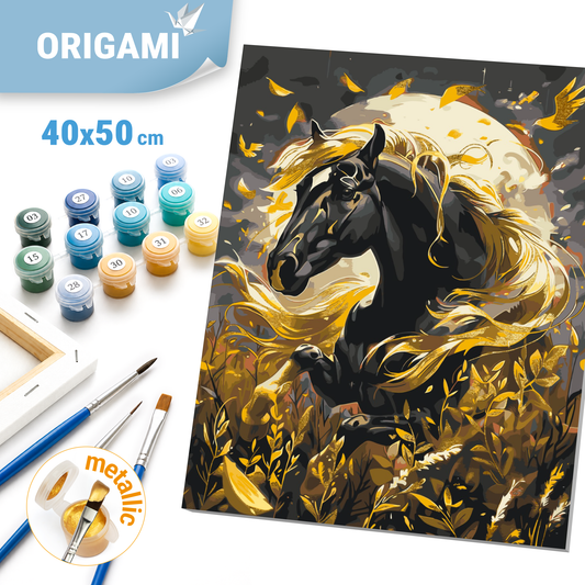 Malen nach Zahlen auf Keilrahmen 40×50 cm – Tiere. Schwarzes Pferd mit Metallicfarben LW 31200
