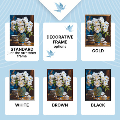 Paint by Numbers on a 40*50 cm frame White flowers in a vase with metallic gold paints LW 31350