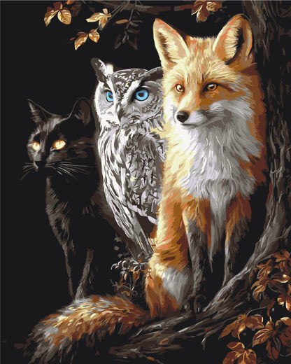 Malen nach Zahlen auf Keilrahmen 40×50 cm – Tiere. Fuchs, Eule und Katze im Nachtwald LW 3141-01