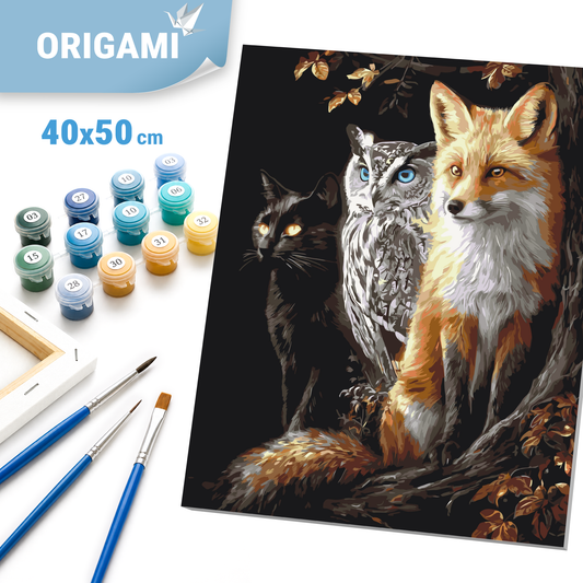 Malen nach Zahlen auf Keilrahmen 40×50 cm – Tiere. Fuchs, Eule und Katze im Nachtwald LW 3141-01