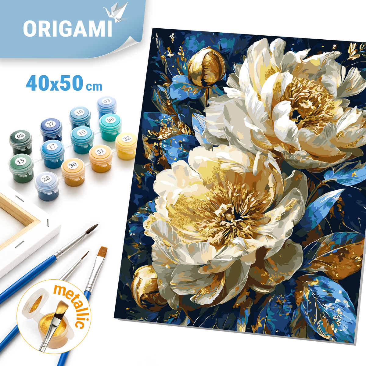 Malen nach Zahlen auf Keilrahmen 40×50 cm – Blumen mit Metallicfarben. Königliche Pfingstrosen LW 31470-01