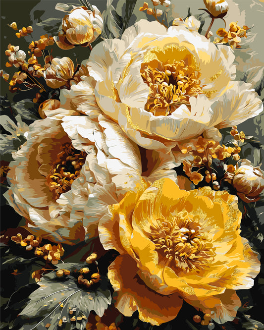 Malen nach Zahlen auf Keilrahmen 40×50 cm – Blumen - Üppige Pfingstrosen mit Metallicfarben LW 3154-01