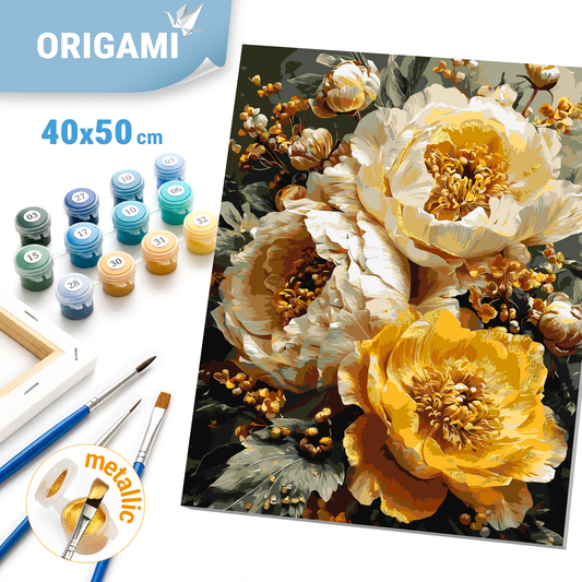 Malen nach Zahlen auf Keilrahmen 40×50 cm – Blumen - Üppige Pfingstrosen mit Metallicfarben LW 3154-01