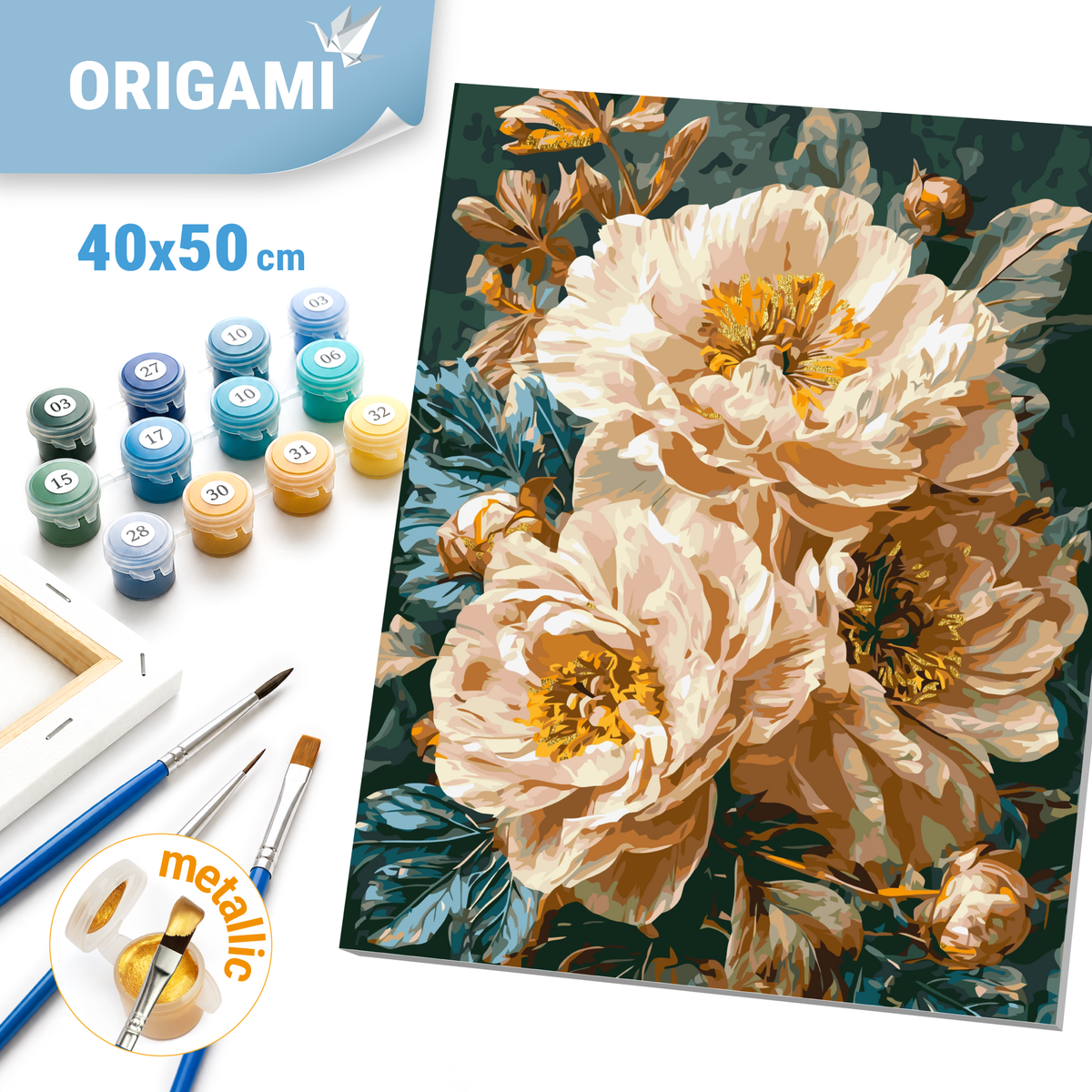 Malen nach Zahlen auf Keilrahmen 40×50 cm – Blumen - Beige Pfingstrosen mit Metallicfarben LW 3159-01