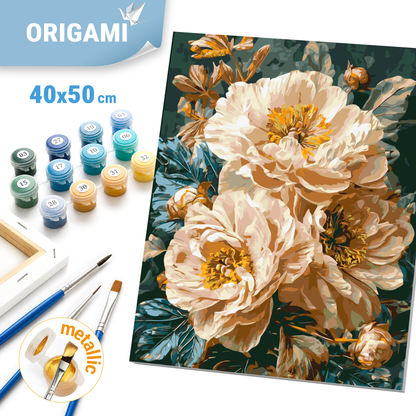 Malen nach Zahlen auf Keilrahmen 40×50 cm – Blumen - Beige Pfingstrosen mit Metallicfarben LW 3159-01