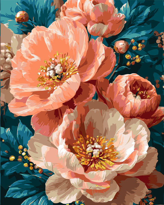 Malen nach Zahlen auf Keilrahmen 40×50 cm – Blumen mit Metallicfarben. Rosa Pfingstrosen LW 3170-01