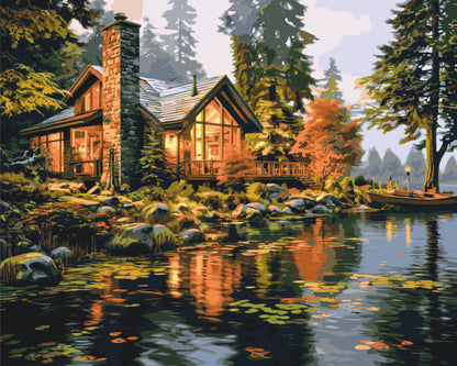 Malen nach Zahlen auf Keilrahmen 40×50 cm – Landschaft. Haus am Fluss LW 31710