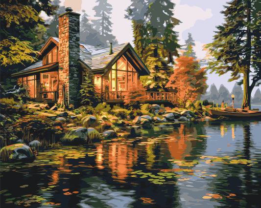 Malen nach Zahlen auf Keilrahmen 40×50 cm – Landschaft. Haus am Fluss LW 31710